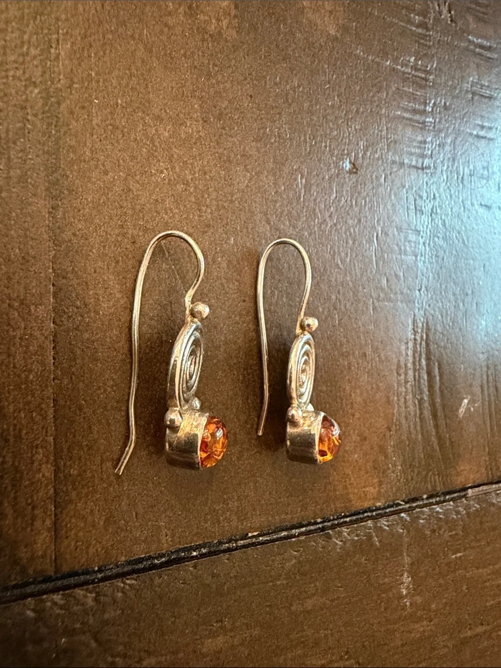 Sterling-Style Spiral Amber Drop Earrings